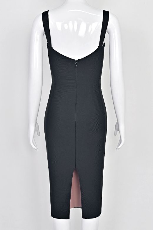 Woman wearing a figure flattering  Marilyn Bodycon Wrap Midi Dress - Classic Black BODYCON COLLECTION