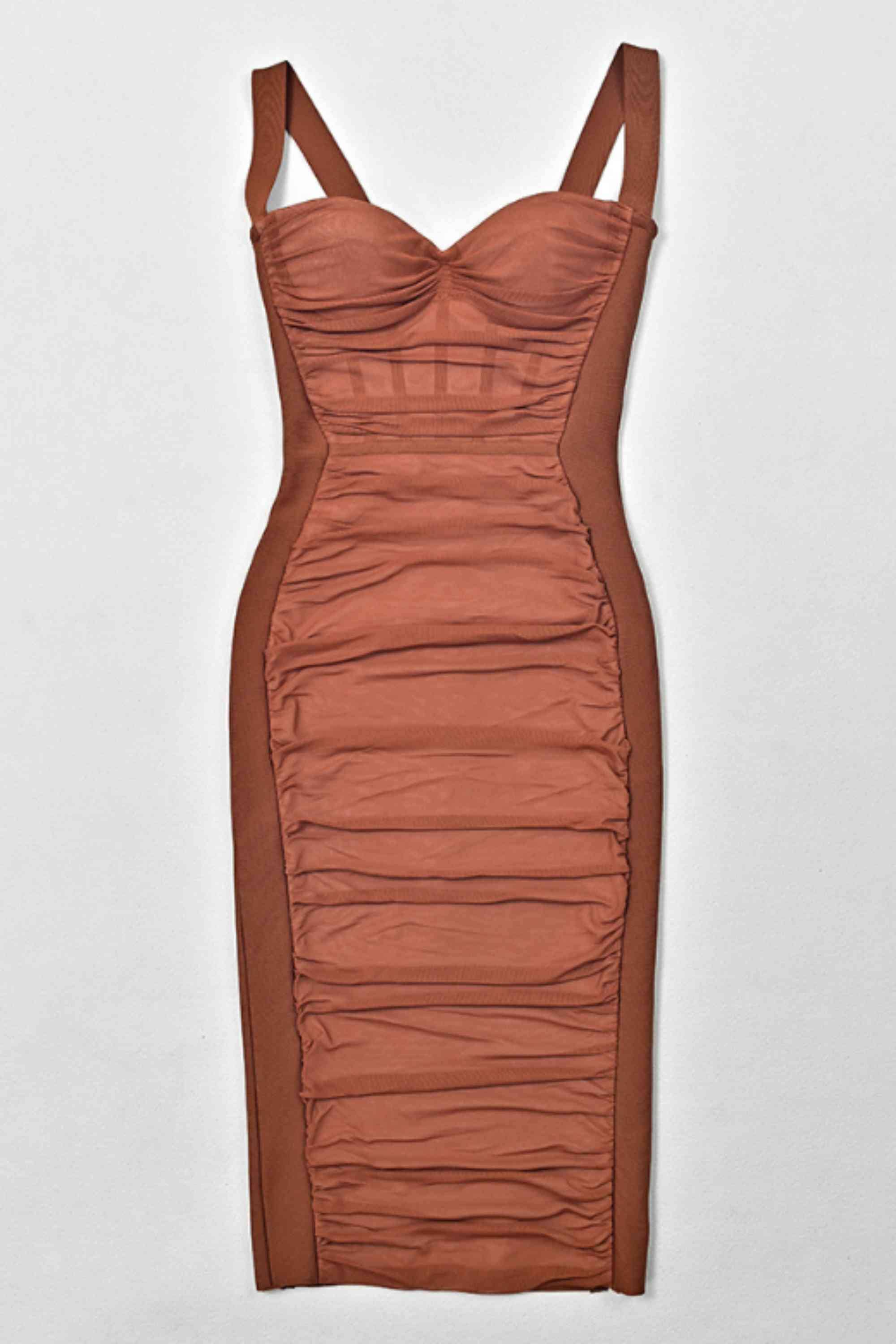Woman wearing a figure flattering  Marilyn Bodycon Wrap Midi Dress - Rustic Brown BODYCON COLLECTION