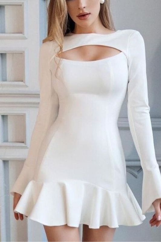 Woman wearing a figure flattering  Mary Long Sleeve Bodycon Mini Dress - Pearl White BODYCON COLLECTION