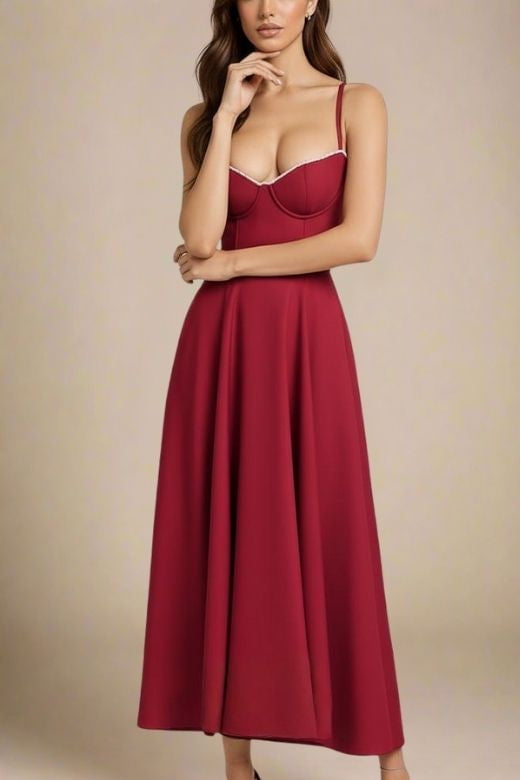 Woman wearing a figure flattering  Mavis Midi Dress - Berry Red BODYCON COLLECTION