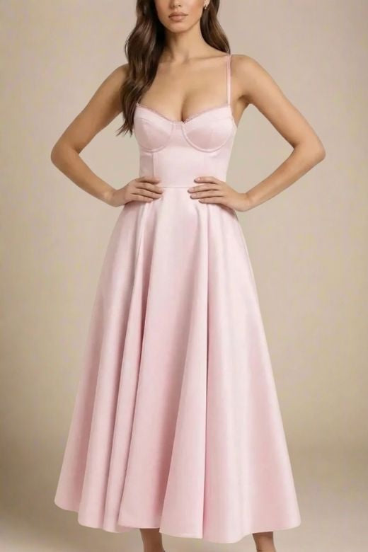 Woman wearing a figure flattering  Mavis Midi Dress - Dusty Pink BODYCON COLLECTION