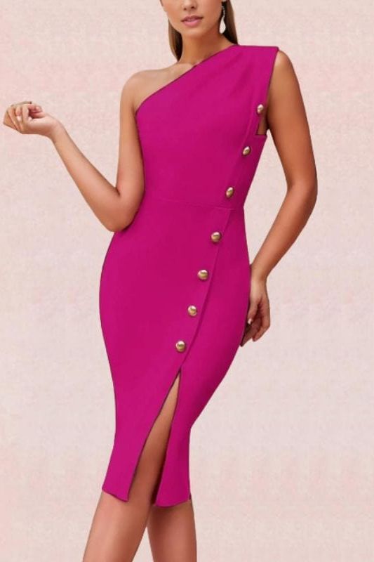 Woman wearing a figure flattering  Mel Bodycon Midi Dress - Magenta Pink BODYCON COLLECTION