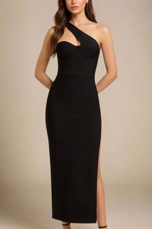 Woman wearing a figure flattering  Mia Bodycon Midi Dress - Classic Black BODYCON COLLECTION Pty Ltd