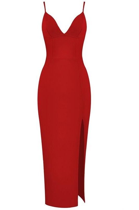Woman wearing a figure flattering  Milan Bandage Midi Dress - Lipstick Red BODYCON COLLECTION