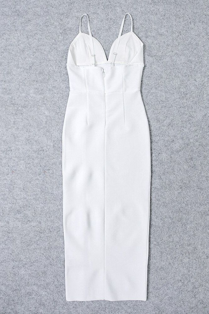 Woman wearing a figure flattering  Milan Bandage Midi Dress - Pearl White BODYCON COLLECTION
