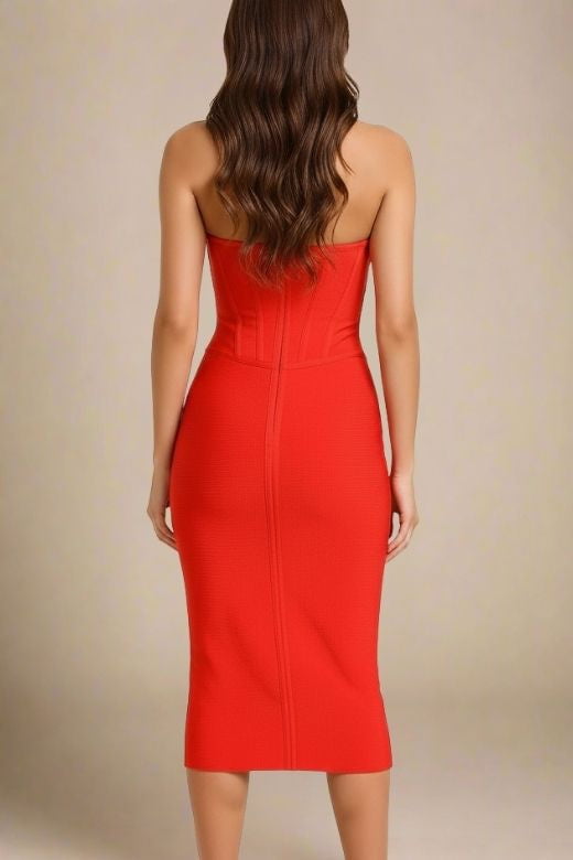 Woman wearing a figure flattering  Miles Bodycon Midi Dress - Lipstick Red BODYCON COLLECTION