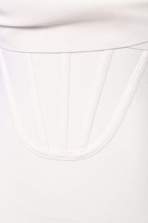 Woman wearing a figure flattering  Miles Bodycon Midi Dress - Pearl White BODYCON COLLECTION