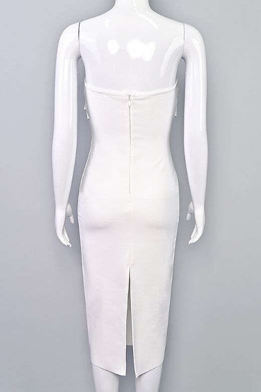 Woman wearing a figure flattering  Miles Bodycon Midi Dress - Pearl White BODYCON COLLECTION