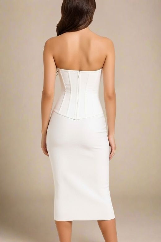 Woman wearing a figure flattering  Miles Bodycon Midi Dress - Pearl White BODYCON COLLECTION