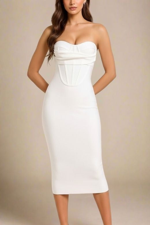 Woman wearing a figure flattering  Miles Bodycon Midi Dress - Pearl White BODYCON COLLECTION