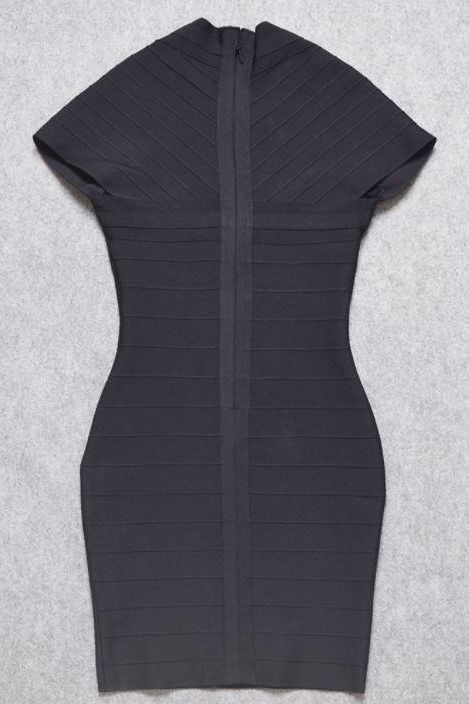 Woman wearing a figure flattering  Miranda Bandage Mini Dress - Classic Black Bodycon Collection
