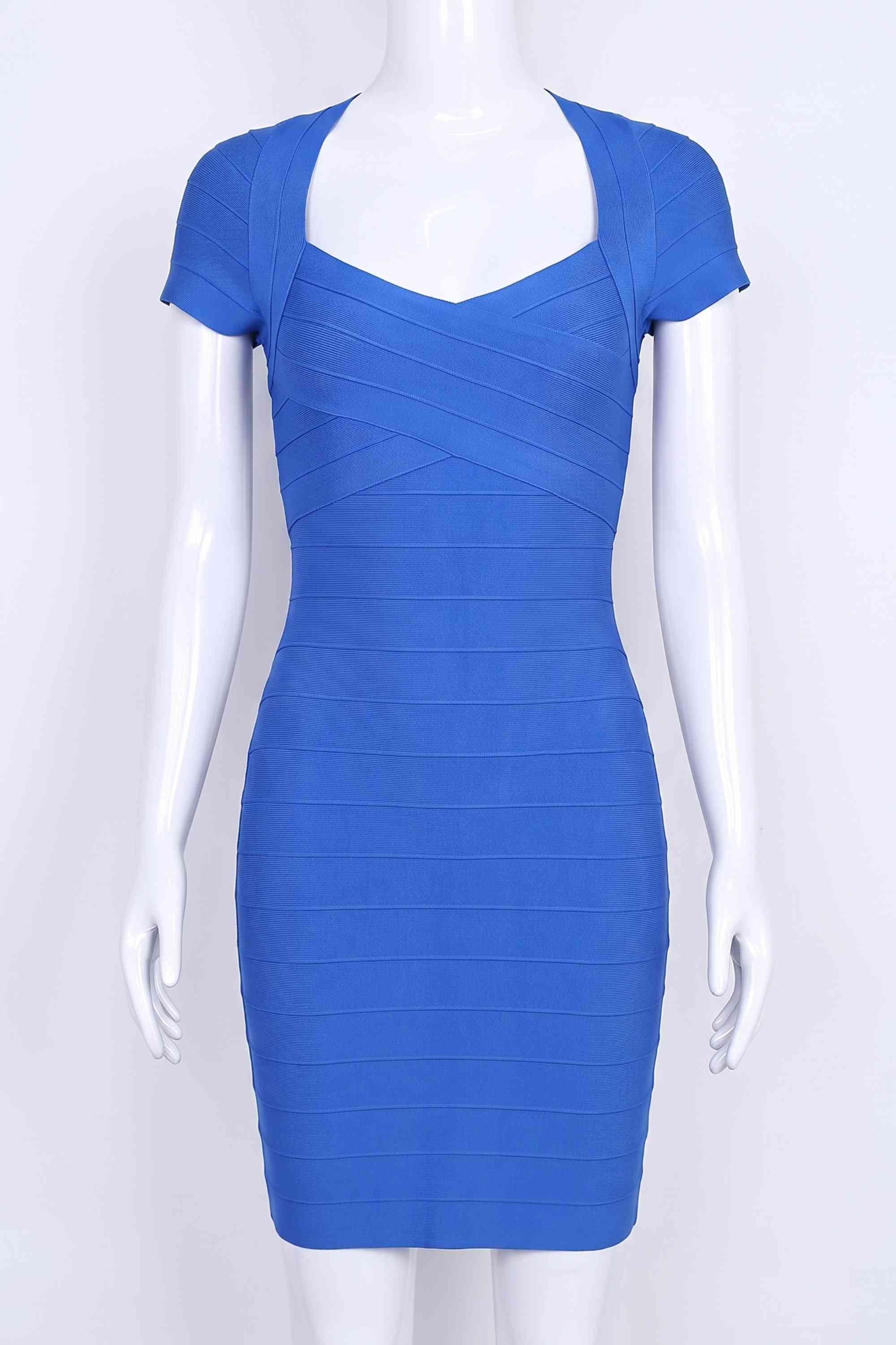 Woman wearing a figure flattering  Miranda Bandage Mini Dress - Royal Blue Bodycon Collection