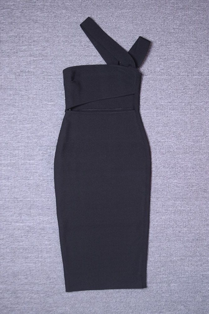 Woman wearing a figure flattering  Molly Bandage Midi Dress - Classic Black BODYCON COLLECTION