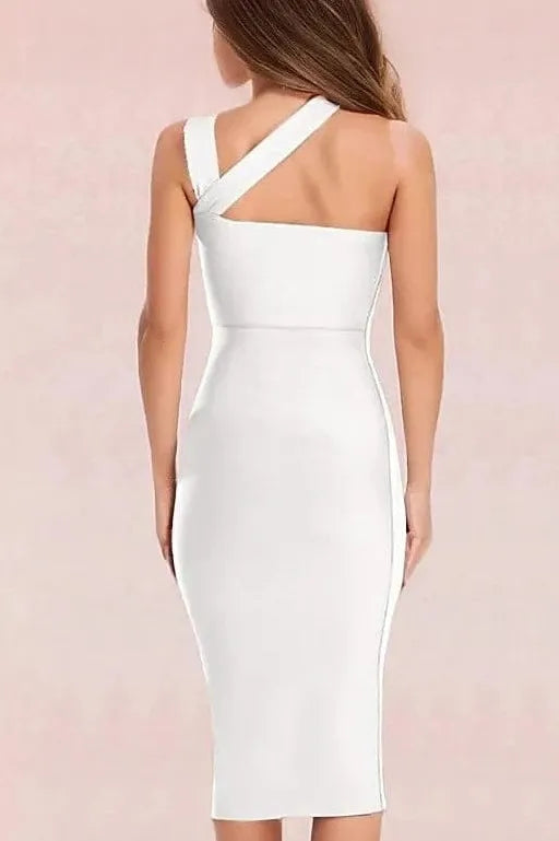 Woman wearing a figure flattering  Molly Bandage Midi Dress - Pearl White BODYCON COLLECTION