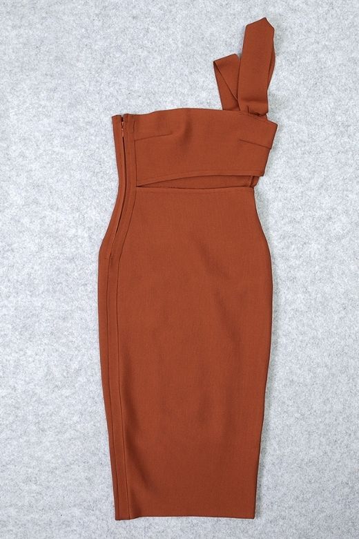 Woman wearing a figure flattering  Molly Bandage Midi Dress - Tan Brown BODYCON COLLECTION