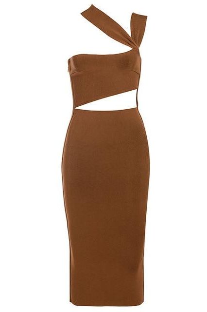 Woman wearing a figure flattering  Molly Bandage Midi Dress - Tan Brown BODYCON COLLECTION