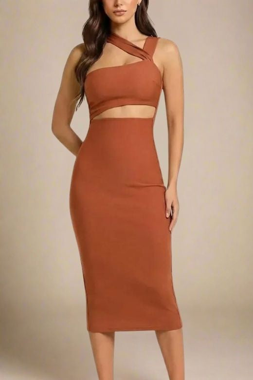 Woman wearing a figure flattering  Molly Bandage Midi Dress - Tan Brown BODYCON COLLECTION