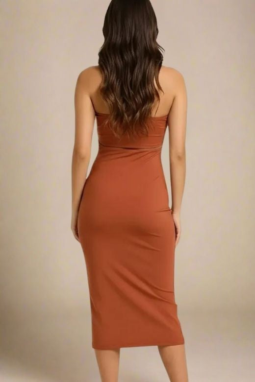Woman wearing a figure flattering  Molly Bandage Midi Dress - Tan Brown BODYCON COLLECTION