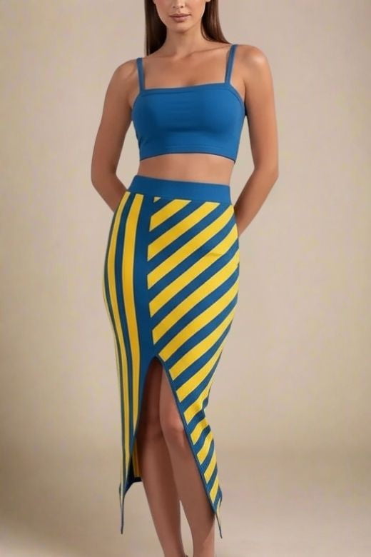 Woman wearing a figure flattering  Nadia Bandage Crop Top and Midi Skirt Outfit Set - Royal Blue BODYCON COLLECTION