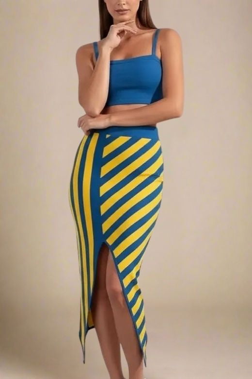Woman wearing a figure flattering  Nadia Bandage Crop Top and Midi Skirt Outfit Set - Royal Blue BODYCON COLLECTION