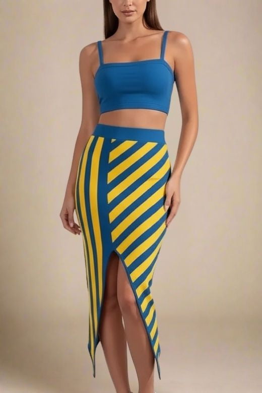 Woman wearing a figure flattering  Nadia Bandage Crop Top and Midi Skirt Outfit Set - Royal Blue BODYCON COLLECTION