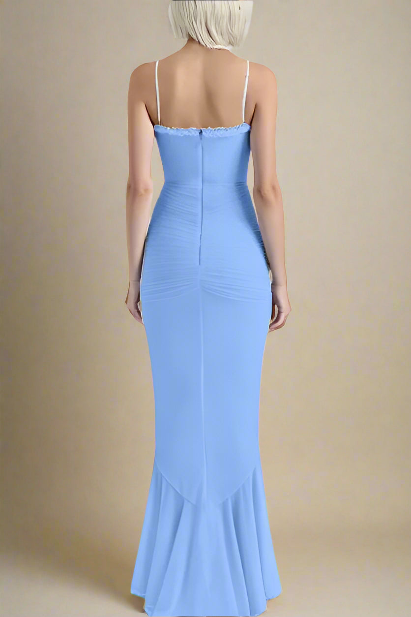 Woman wearing a figure flattering  Noah Bodycon Wrap Midi Dress - Azure Blue BODYCON COLLECTION