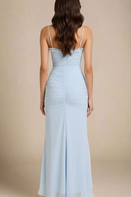 Woman wearing a figure flattering  Noah Bodycon Wrap Midi Dress - Sky Blue BODYCON COLLECTION