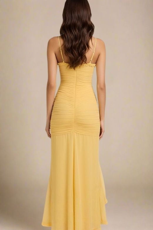 Woman wearing a figure flattering  Noah Bodycon Wrap Midi Dress- Sun Yellow BODYCON COLLECTION