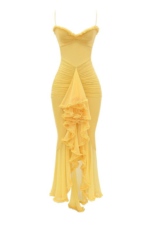 Woman wearing a figure flattering  Noah Bodycon Wrap Midi Dress- Sun Yellow BODYCON COLLECTION