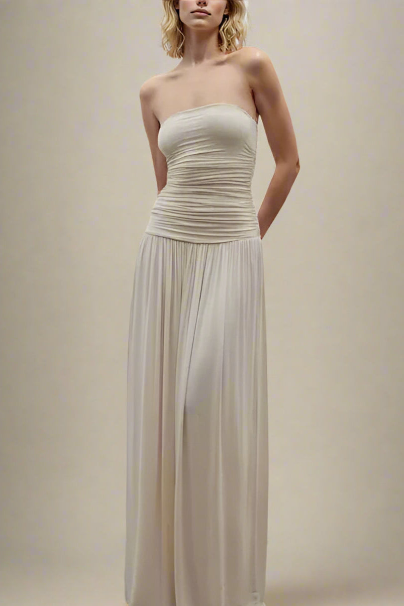 Woman wearing a figure flattering  North Wrap Maxi Dress - Beige BODYCON COLLECTION Pty Ltd