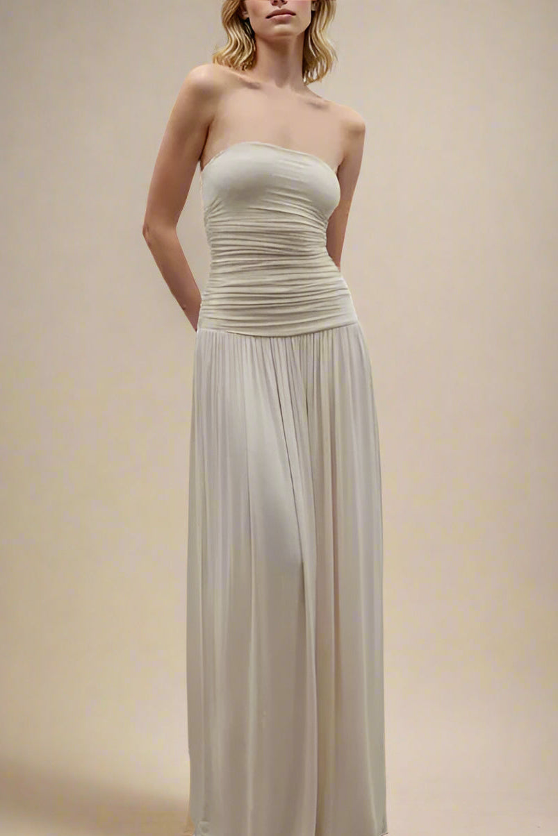 Woman wearing a figure flattering  North Wrap Maxi Dress - Beige BODYCON COLLECTION Pty Ltd