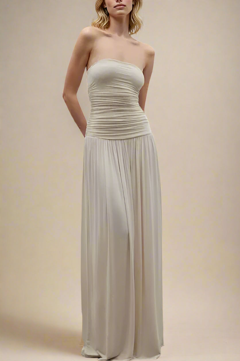 Woman wearing a figure flattering  North Wrap Maxi Dress - Beige BODYCON COLLECTION Pty Ltd