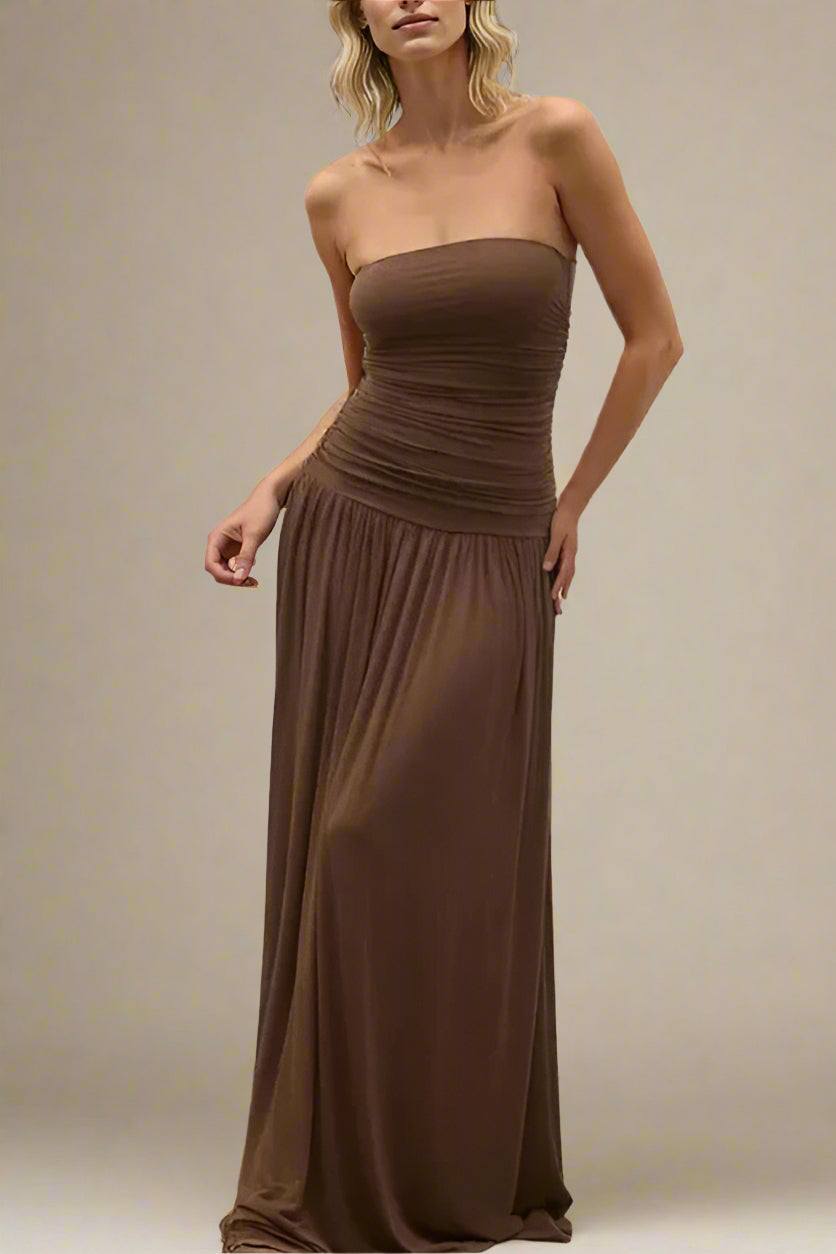 Woman wearing a figure flattering  North Wrap Maxi Dress - Chocolate Brown BODYCON COLLECTION Pty Ltd