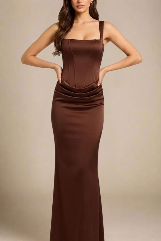 Woman wearing a figure flattering  Nova Bodycon Wrap Maxi Dress - Coffee Brown BODYCON COLLECTION Pty Ltd