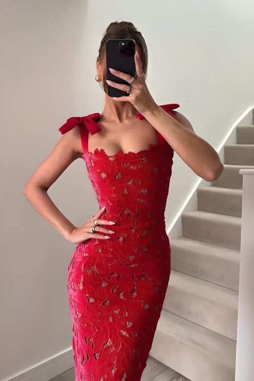 Woman wearing a figure flattering  Odette Bodycon Lace Maxi Dress - Lipstick Red BODYCON COLLECTION