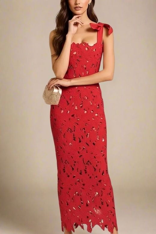 Woman wearing a figure flattering  Odette Bodycon Lace Maxi Dress - Lipstick Red BODYCON COLLECTION