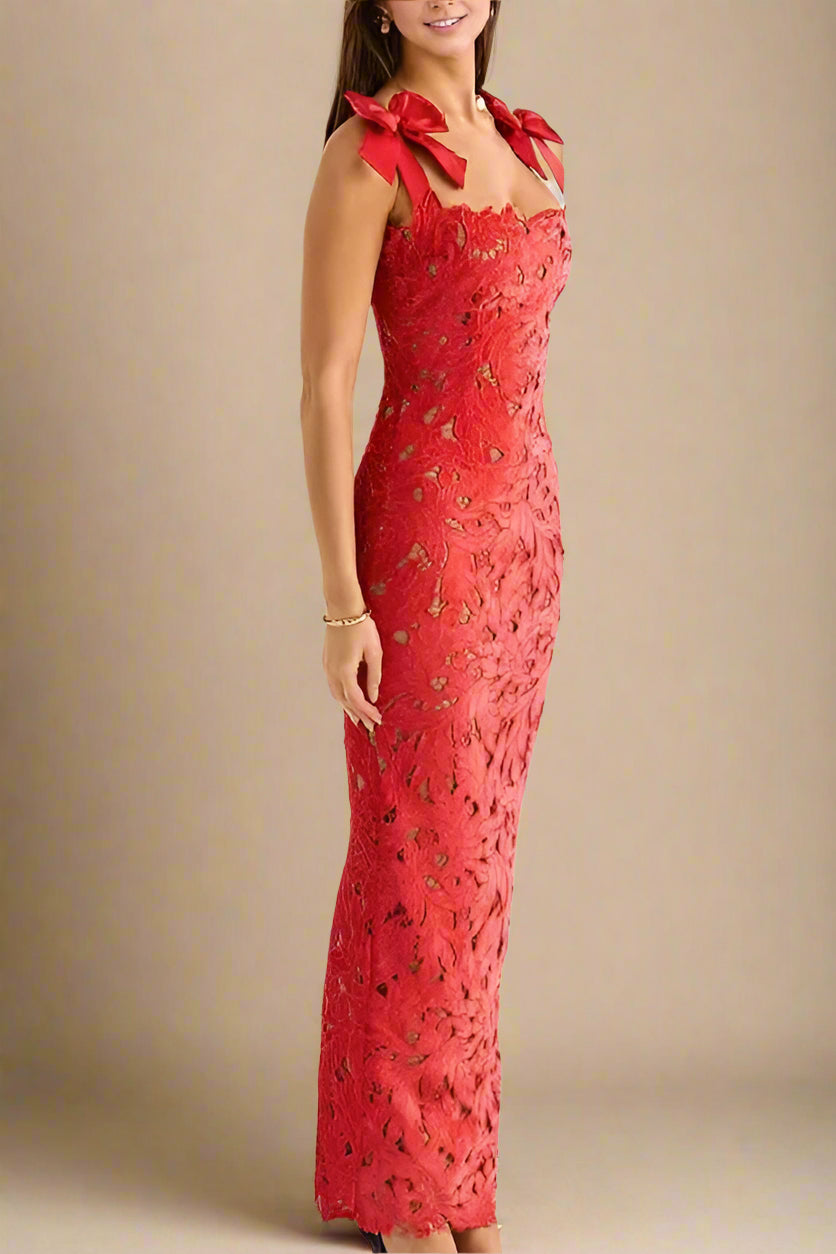 Woman wearing a figure flattering  Odette Bodycon Lace Maxi Dress - Lipstick Red BODYCON COLLECTION