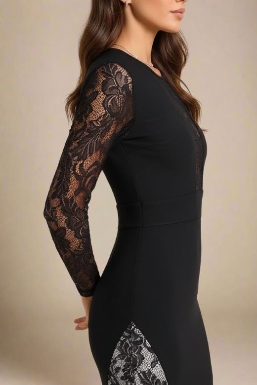 Woman wearing a figure flattering  Opal Long Sleeve Bodycon Dress - Classic Black BODYCON COLLECTION Pty Ltd