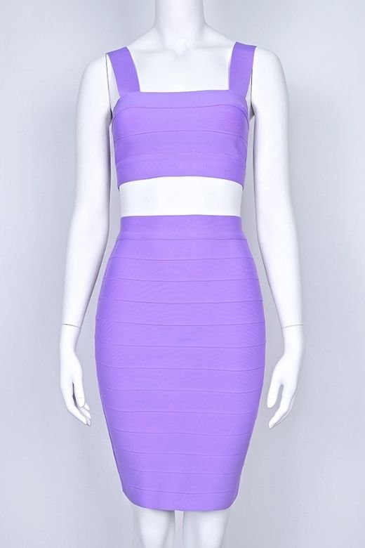 Woman wearing a figure flattering  Ophelia Bandage Crop Top and Skirt Set - Violet BODYCON COLLECTION Pty Ltd