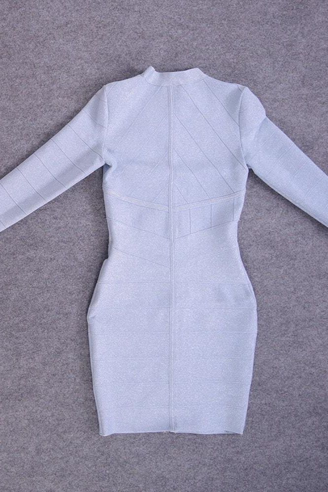 Woman wearing a figure flattering  Paris Long Sleeve Bandage Mini Dress - Silver BODYCON COLLECTION