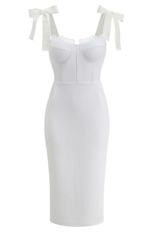 Woman wearing a figure flattering  Payton Bandage Dress - Pearl White BODYCON COLLECTION