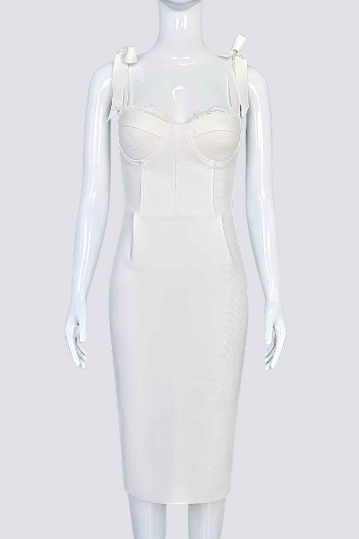 Woman wearing a figure flattering  Payton Bandage Dress - Pearl White BODYCON COLLECTION