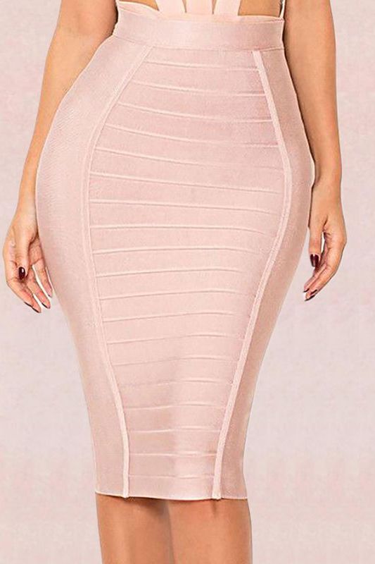 Woman wearing a figure flattering  Pencil High Waist Bandage Knee Length Cocktail Skirt - Cream BODYCON COLLECTION