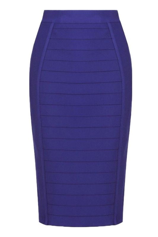 Woman wearing a figure flattering  Pencil High Waist Bandage Knee Length Cocktail Skirt - Navy Blue BODYCON COLLECTION