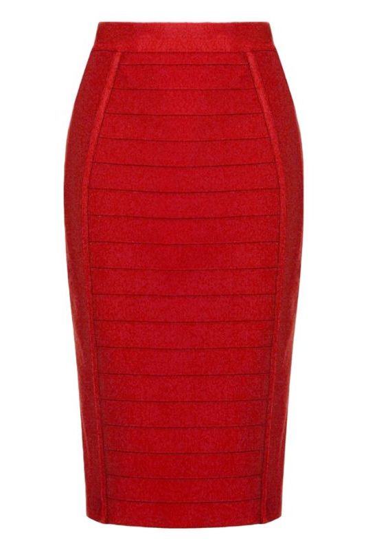 Woman wearing a figure flattering  Pencil High Waist Bandage Knee Length Cocktail Skirt - Red Wine BODYCON COLLECTION