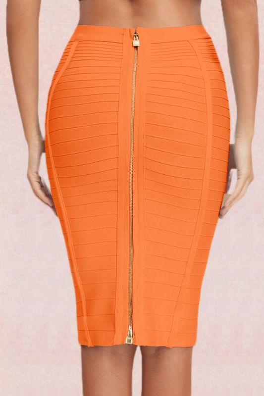 Woman wearing a figure flattering  Pencil High Waist Bandage Knee Length Knitted Skirt - Apricot Orange BODYCON COLLECTION