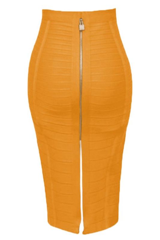 Woman wearing a figure flattering  Pencil High Waist Bandage Knee Length Knitted Skirt - Apricot Orange BODYCON COLLECTION
