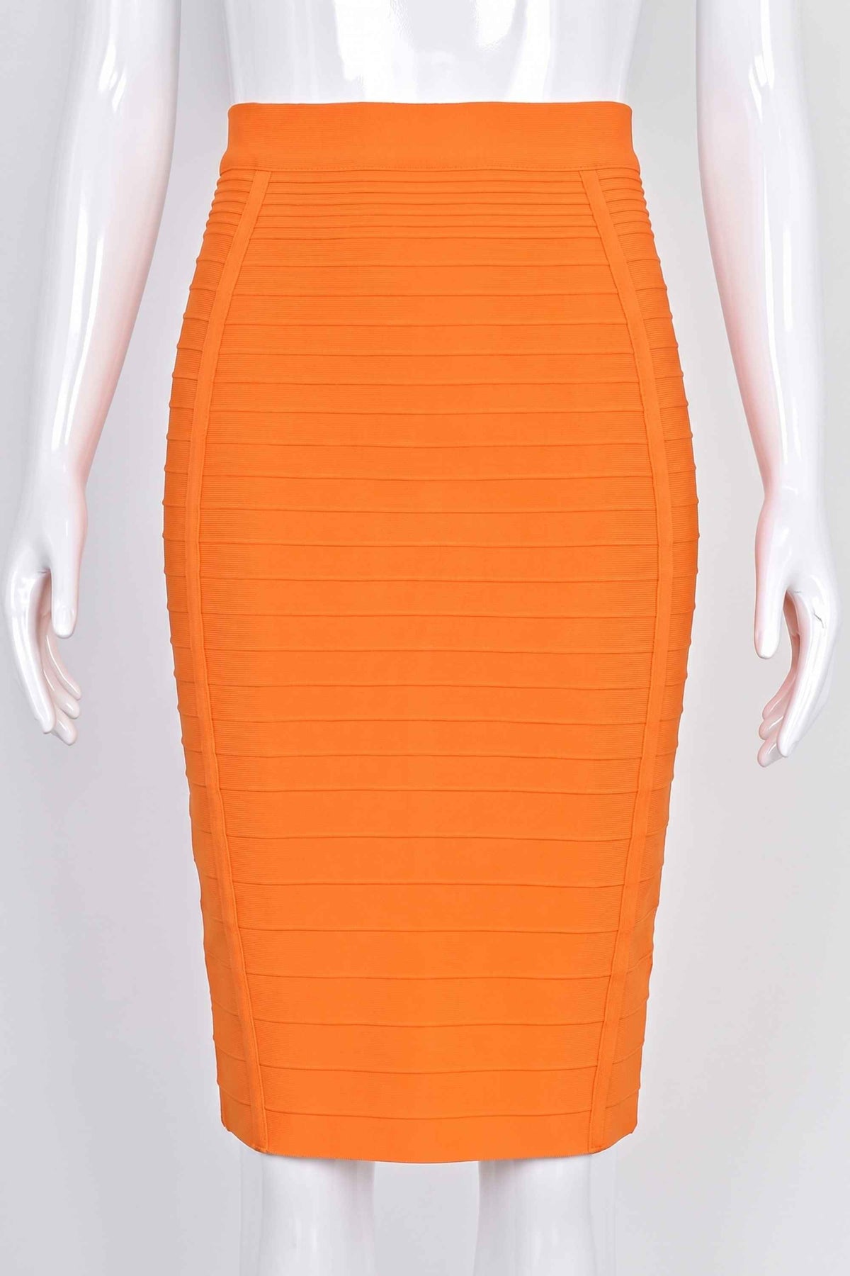 Woman wearing a figure flattering  Pencil High Waist Bandage Knee Length Knitted Skirt - Apricot Orange BODYCON COLLECTION