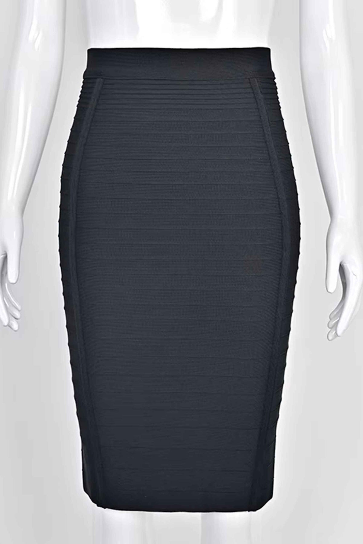 Woman wearing a figure flattering  Pencil High Waist Bandage Knee Length Knitted Skirt - Classic Black BODYCON COLLECTION