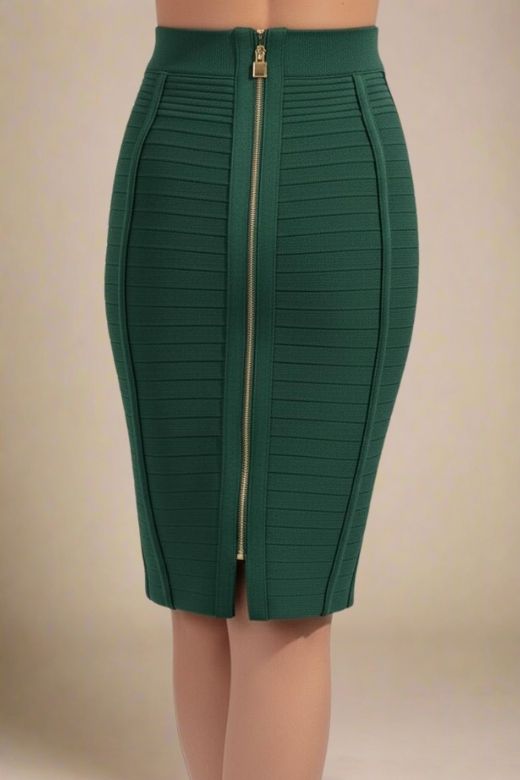 Woman wearing a figure flattering  Pencil High Waist Bandage Knee Length Knitted Skirt - Emerald Green BODYCON COLLECTION